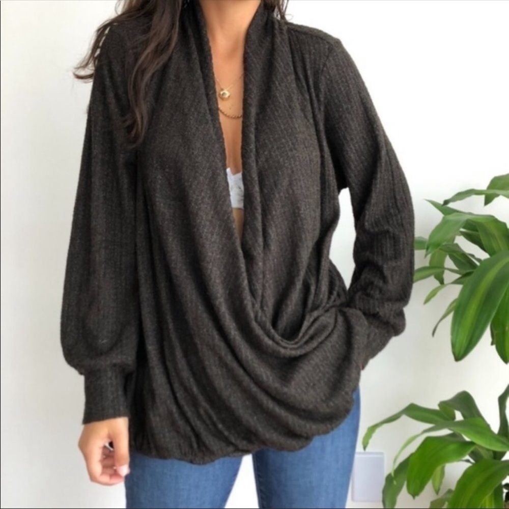 Anthropologie Maeve Rafaela Hacci Surplice Top Charcoal Sweater Long Sleeve S
